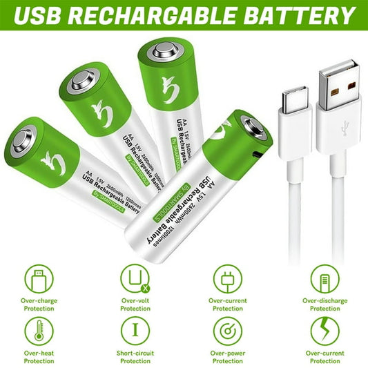 USB AA Lithium ion Rechargeable AA Battery, High Capacity 1.5V 2600mWh, 1.5 H Fast Charge, 4-Pack