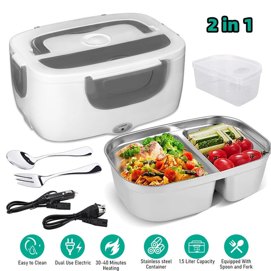 Feoflen 2 in 1 Plug-in Bento box, Electric Heating Bento box for Car, 1.5L Protable Lunch Box with Fork and Spoon, Food Warmer Container, Thickened Sealing Ring Design