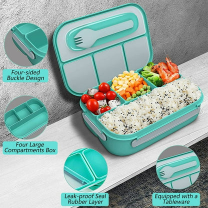 Bento Lunch Box for Kids and Adults, 1L Leak-Proof Food Conatiners with 4 Compartments and Tablewares, Microwavable Lunch Box for Work,School,Picnic-Green