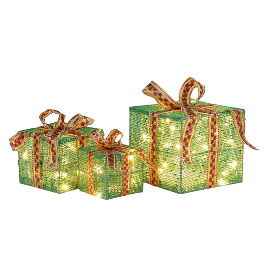 Christmas Lighted Present Boxes, Set of 3 Christmas Lighted Gift Boxes for Christmas Decor,Green