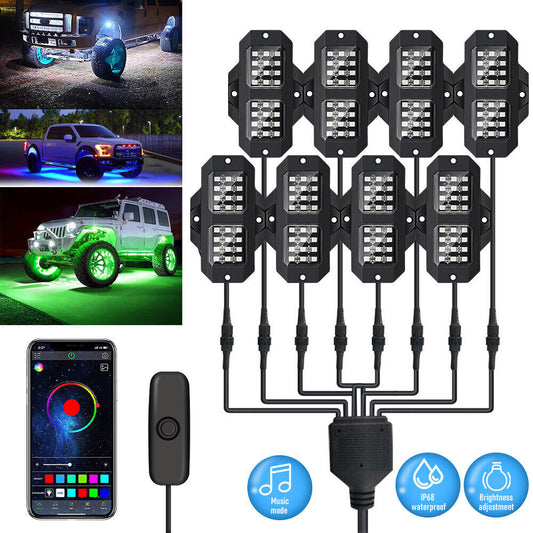 KEPEAK RGB LED Rock Lights with Bluetooth Controller,8 Pods Multicolor Neon LED Light Kit