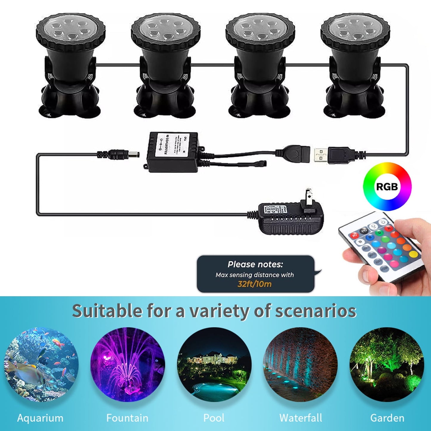 Pond Lights,4 Headlamp 36LED RGB Dimmable Underwater Lights, IP68 Waterproof Remote Control Submersible Fountain Lights for Garden Pond Pool