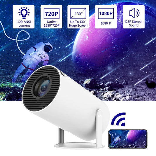 Mini Projector Upgraded, Auto Keystone Correction Portable Projector Android 11.0, 4K/ 200 ANSI Smart Projector Dual Band Wi-Fi6+BT5.0, 130 Inch Screen, 180 Degree Flip, Round Design, Home Video Projector Audio