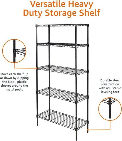 5-Shelf Adjustable, Heavy Duty Storage Shelving Unit (350 lbs loading capacity per shelf), Steel Organizer Wire Rack,Black