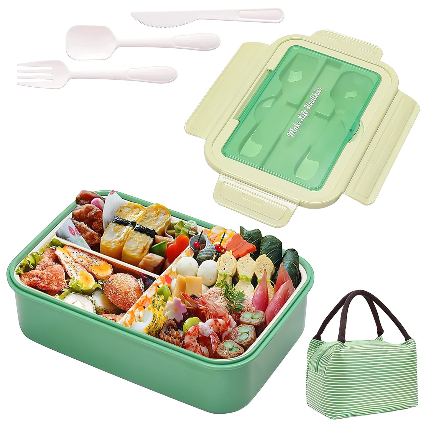 Bento Box,Lunch Box Kit,1400ML Lunch Container for Kids/Adult/Toddler,3 Compartments with Spoon Fork Bag Accessories,Microwave/Dishwasher/Freezer Safe, Bpa-Free(Green)