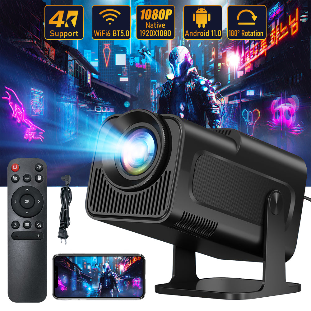 Mini Portable Projector 180°Adjustable Stand]HIPPUS Smart Mini Projector with WiFi and Bluetooth, Full HD 1080P, Auto Keystone,4K Video Portable Ceiling Projector,Wifi 6,Android 11.0