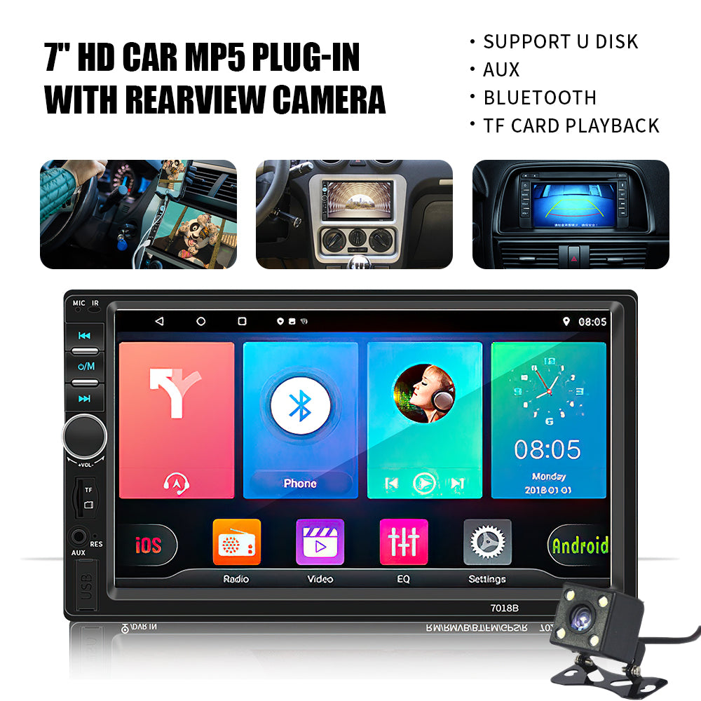 Double Din Car Stereo 7” Touch Screen Car Radio with Bluetooth Backup Camera FM Radio Receiver USB AUX Auto radio TF Card Input Audio Video MP5 MP4 MP3 Player Car Multimedia Player Support Mirror Link +Rear Camera