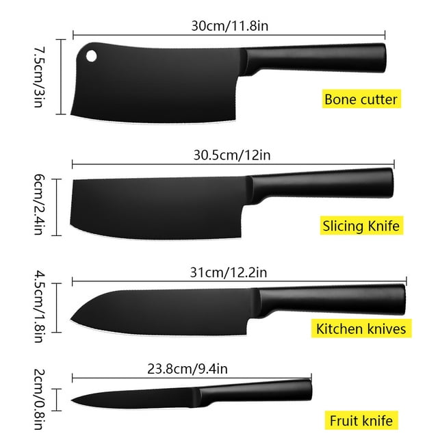 Chef Knife Set - Stainless Steel Kitchen Knife Set - 4 Pcs, Black