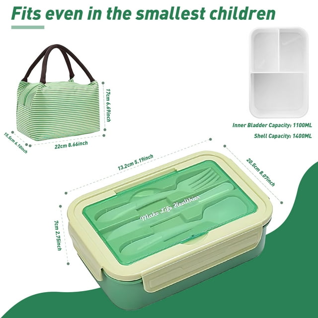 Bento Box,Lunch Box Kit,1400ML Lunch Container for Kids/Adult/Toddler,3 Compartments with Spoon Fork Bag Accessories,Microwave/Dishwasher/Freezer Safe, Bpa-Free(Green)