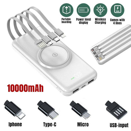 Wireless Power Bank,Kepeak 10000mAh Portable Phone Charger in 4 Cable, Wireless Charging for iPhone, Samsung, iPad,White