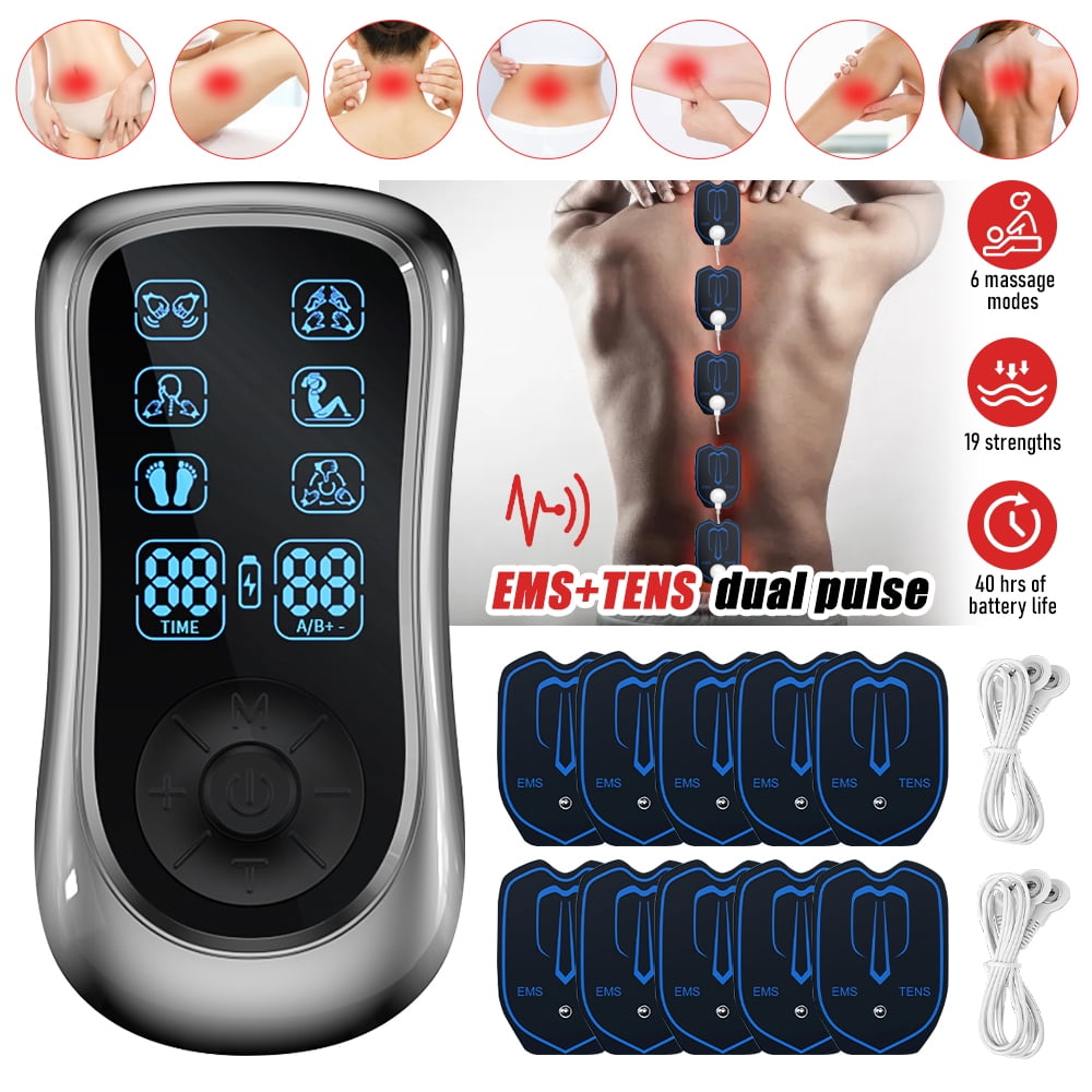 TENS EMS Unit Compact Muscle Stimulator for Pain Relief,Kepeak 6 Modes Machine Pulse Massager with 19 Intensity Levels and 10 Electrode Tens Unit Replacement Pads