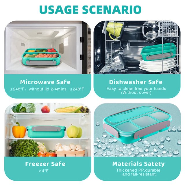 Bento Lunch Box for Kids and Adults, 1L Leak-Proof Food Conatiners with 4 Compartments and Tablewares, Microwavable Lunch Box for Work,School,Picnic-Green