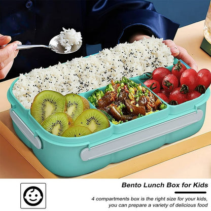 Bento Lunch Box for Kids and Adults, 1L Leak-Proof Food Conatiners with 4 Compartments and Tablewares, Microwavable Lunch Box for Work,School,Picnic-Green