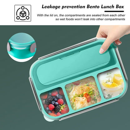 Bento Lunch Box for Kids and Adults, 1L Leak-Proof Food Conatiners with 4 Compartments and Tablewares, Microwavable Lunch Box for Work,School,Picnic-Green