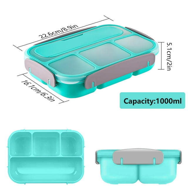 Bento Lunch Box for Kids and Adults, 1L Leak-Proof Food Conatiners with 4 Compartments and Tablewares, Microwavable Lunch Box for Work,School,Picnic-Green