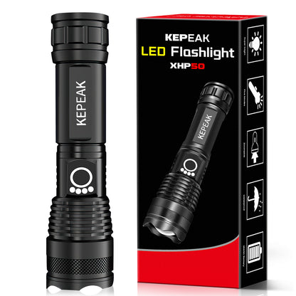KEPEAK Rechargeable LED Flashlights, 5000 High Lumen Tactical Flashlight XHP50, Zoomable, Waterproof, 5 Light Modes Handheld Flashlight for Camping, Hiking, Emergency