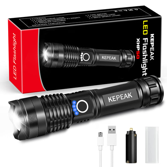 KEPEAK Rechargeable LED Flashlights, 5000 High Lumen Tactical Flashlight XHP50, Zoomable, Waterproof, 5 Light Modes Handheld Flashlight for Camping, Hiking, Emergency