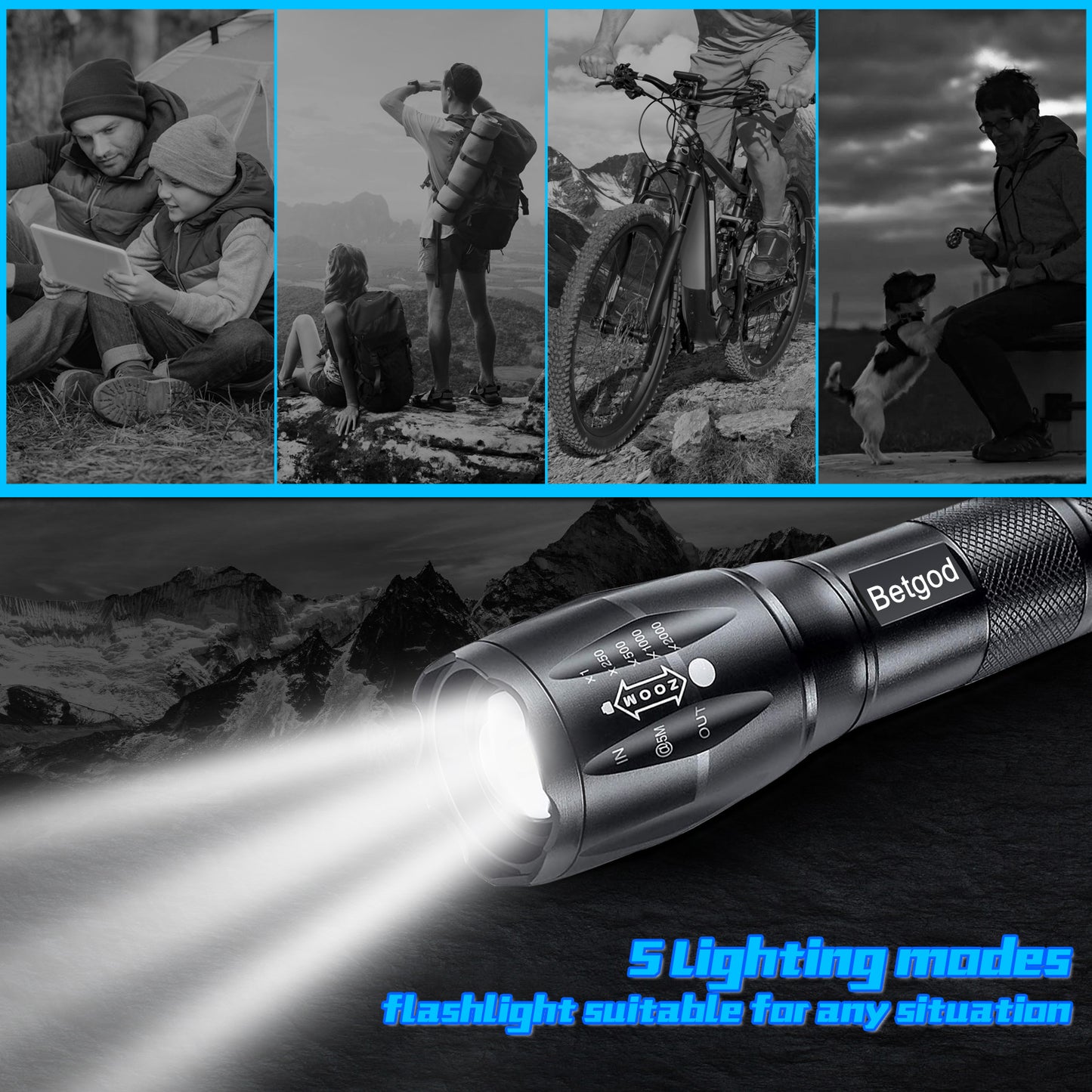 Betgod Flashlights, LED Tactical Flashlight 2 Pack, High Lumen, Zoomable, 5 Modes, Water Resistant, Bright Handheld Light for Camping, Hiking, Emergency, Outdoor (Batteries Not Included)